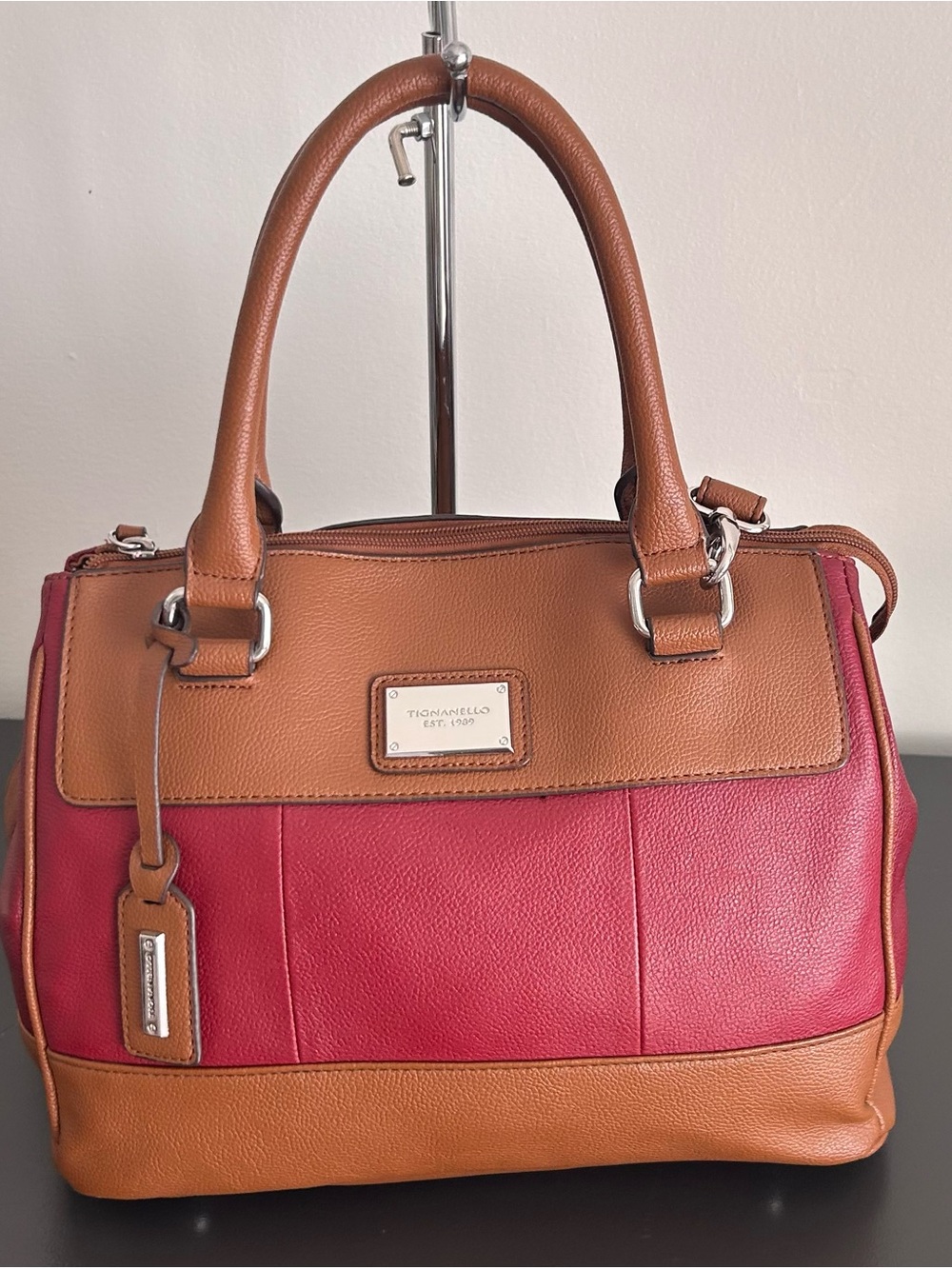 Tignanello Colorblock Leather Satchel Crossbody Brown Burgundy Pebbled Leather - Picture 11 of 14